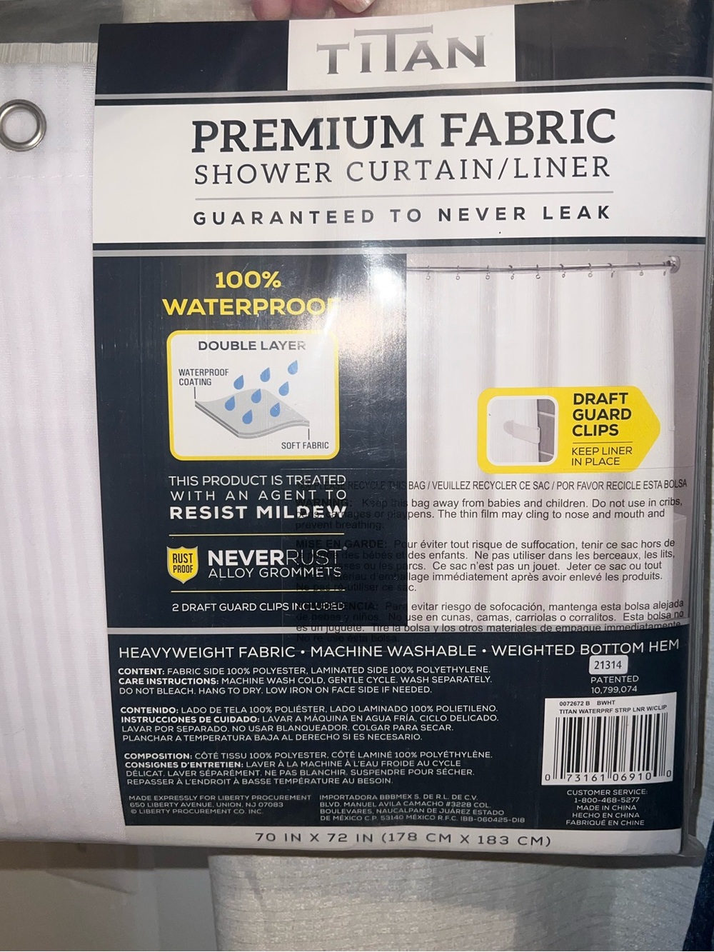 Titan White Premium Fabric Shower Curtain/Liner